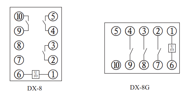 DX-8G信號繼電器內(nèi)部接線及外引接線圖 DX-8G信號繼電器內(nèi)部接線及外引接線圖